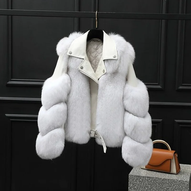 Fashionable warm short fox fur coat and sheepskin leather full fox fur motorcycle jacket luxury women's 2022 winter new