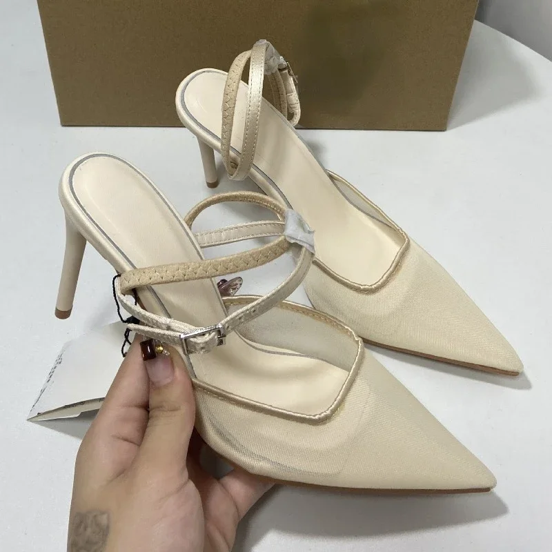 Босоножки женские на высоком каблуке с острым носком из сетчатой ткани