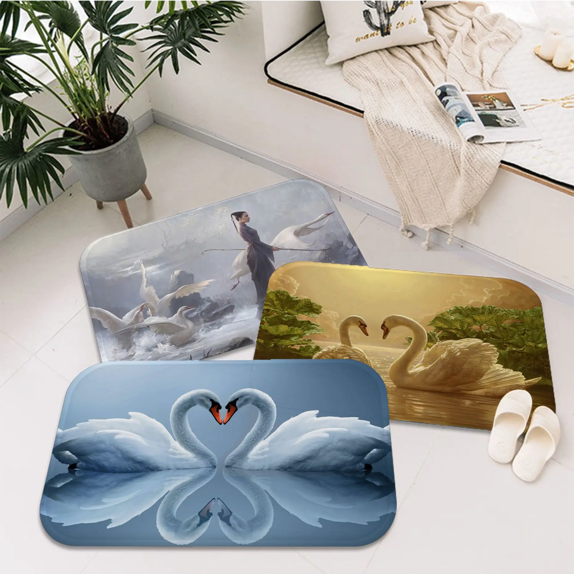 

Swan Hallway Carpet Non-Slip Laundry Room Mat Laundry Decor Balcony Child Living Room Bedside Area Rugs