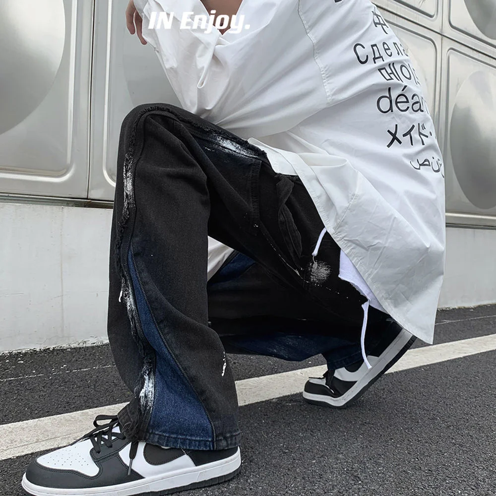 

Hybskr Gothic Paint Men Jeans Wide Leg Denim Pants Fashion Brand Hip Hop Male Trousers Streetwear Y2K Vintage Kpop Clothing
