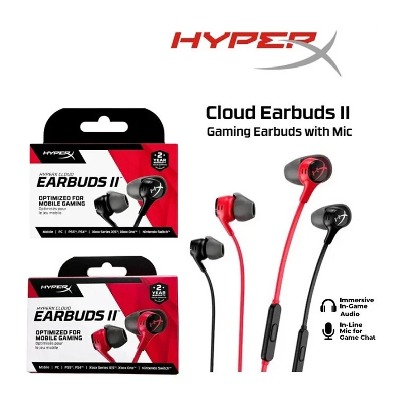 Фото Оригинальные проводные игровые наушники HyperX Cloud Earbuds II с микрофоном 3,5 мм и многофункциональной кнопкой для ПК, мобильных устройств и Nintendo Switch №1