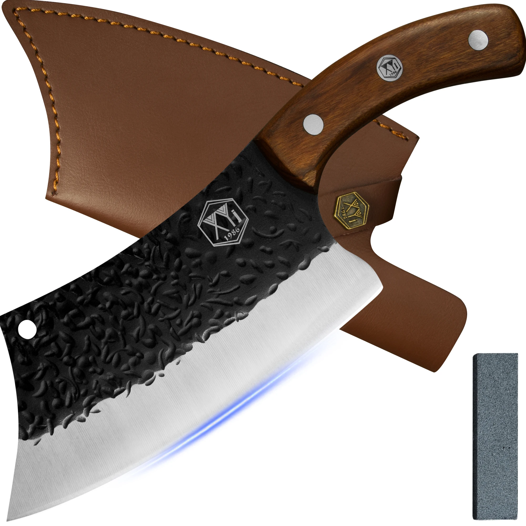 

XYJ 7 Inch Full Tang Meat Cleaver Stainless Steel Curved Blade Super Sharp Hammer Finish Handmade Knife With Leather Sheath