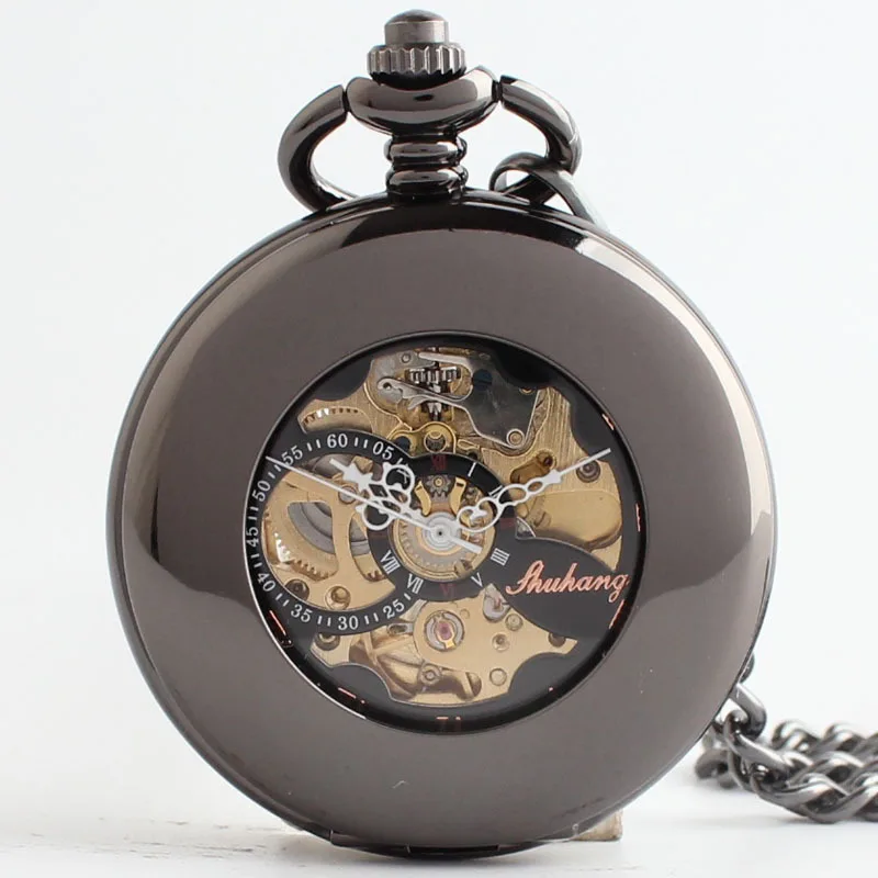 

5PCS Luxury Vintage Mechanical Pocket Watch for Men Male Skeleton Steampunk Orologio Man Fob Chain Watches Smooth Black Clock