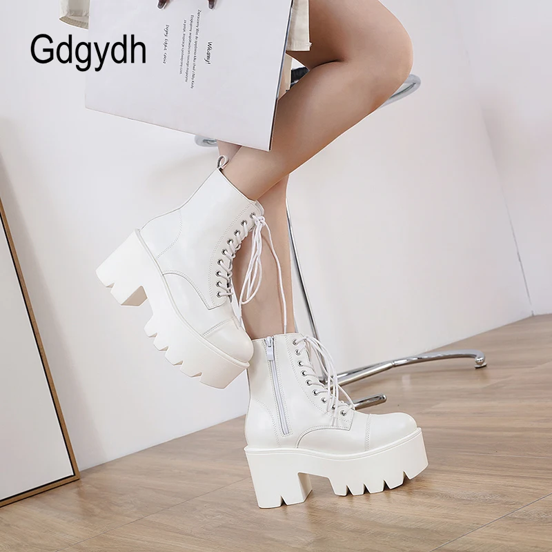 Gdgydh Platform Heeled Boots White Cross-tied Trendy Shoes Women Heels Round Toe Ankle Booties Comfort College Student Shoes