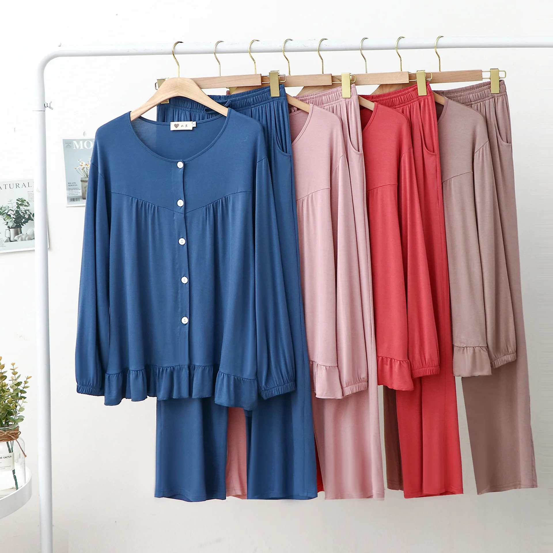 Modal Tracksuit Pajamas Women Breasted Pleated Long Sleeve Trousers Sexy Two Piece Set Solid Color Soft Good Drape Casual Outfit