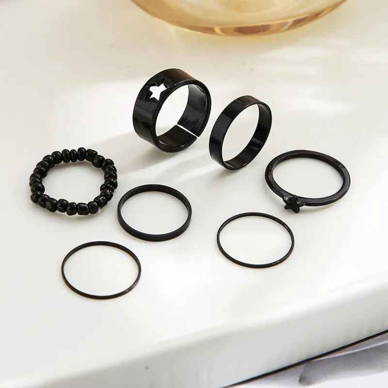 

Simple 7 Pcs/set Retro Black Pentagram Joint Ring Set For Women Knuckle Jewelry