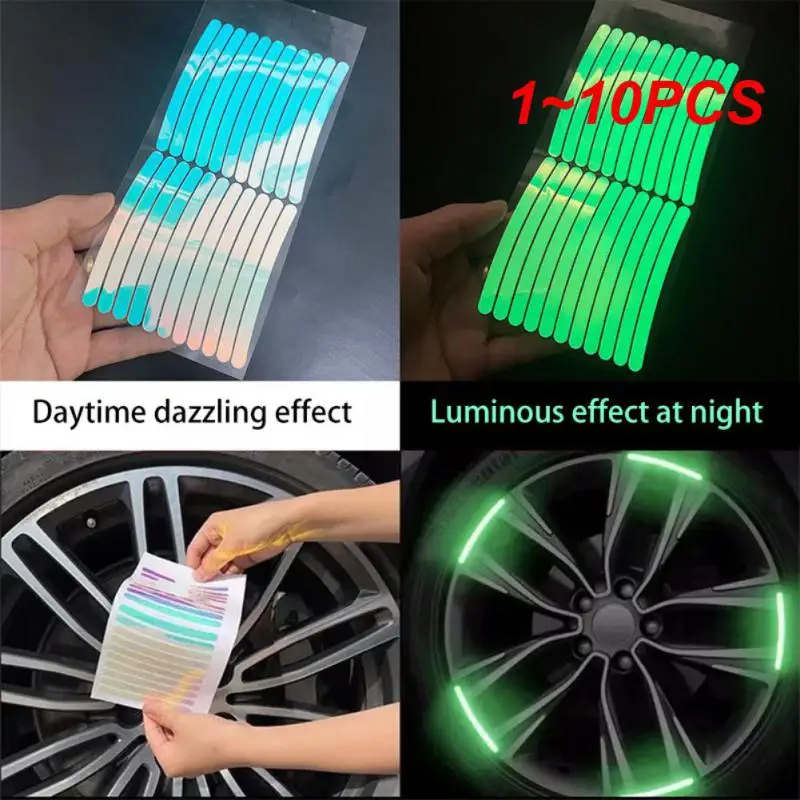 

1~10PCS Car Wheel Hub Reflective Sticker Fluorescent Green Creative Personality Tire Rim Reflective Strips Night Driving