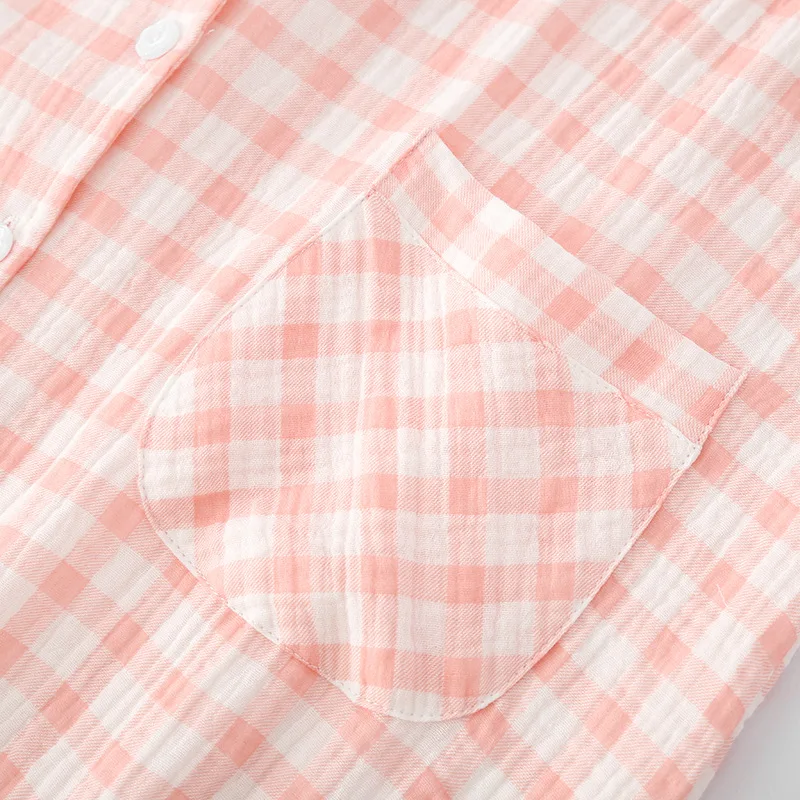 Cotton Crepe Gauze Night Dress Women Button Plus Long Nightgowns Turn-down Collar Home Skirt Pockets Thin Plaid Loose Sleepwear