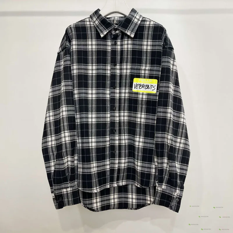 

New Stock Vetements Shirts Check Yellow Label Letter Print Long Sleeve Cardigan Casual Oversize VTM Shirt for Men Women
