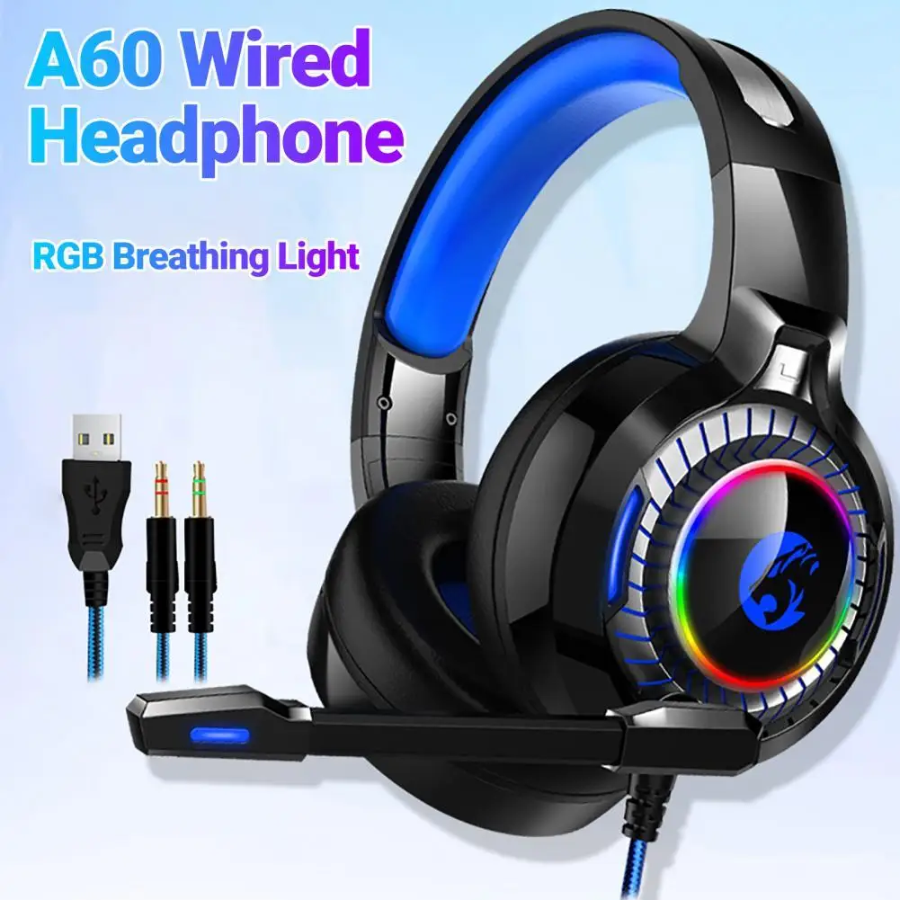 

A60 Wired Headphone HiFi Noise Reduction RGB Breathing Light 3.5mm E-sports Wired Headphone with Mircophone for Computer