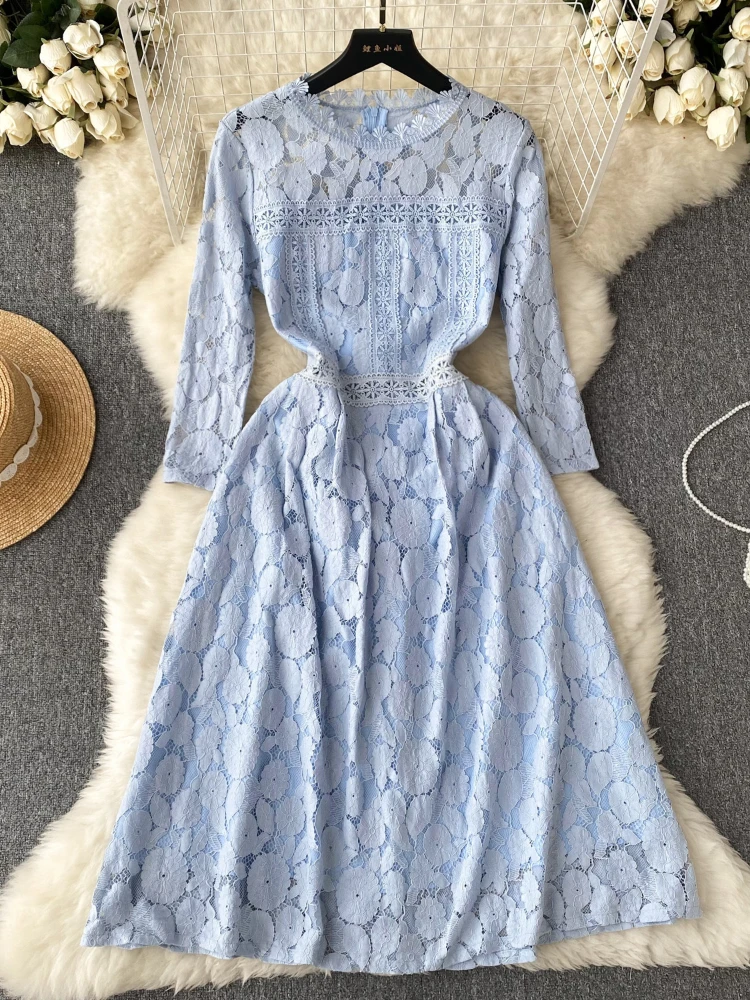 

FTLZZ Summer Autumn Elegant Women O-neck Three Quarter Sleeve Midi Dress Vintage Lace Mesh Hollow Out Dress