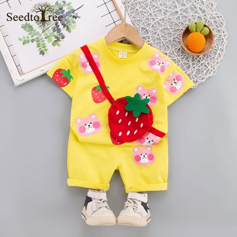 2022 Summer Casual Children's Sets Strawberry Printed Round Neck Short Sleeve T-Shirt Elastic Waist Shorts Two Piece Suit