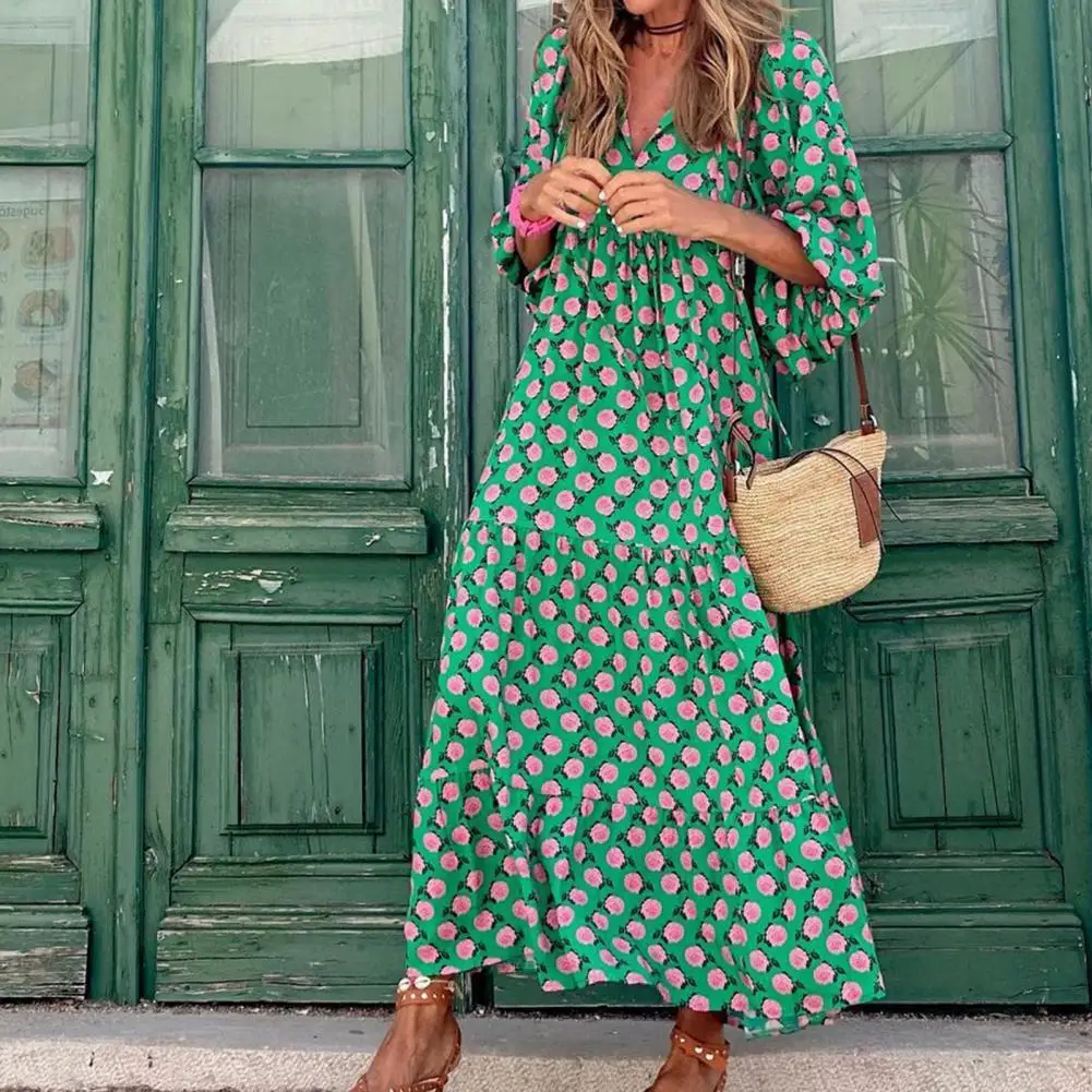 

Autumn Fashion Half Sleeve Women Loose Dress Casual Printed Vintage Long Dresses Elegant V Neck Drawstring Party Dress Vestidos