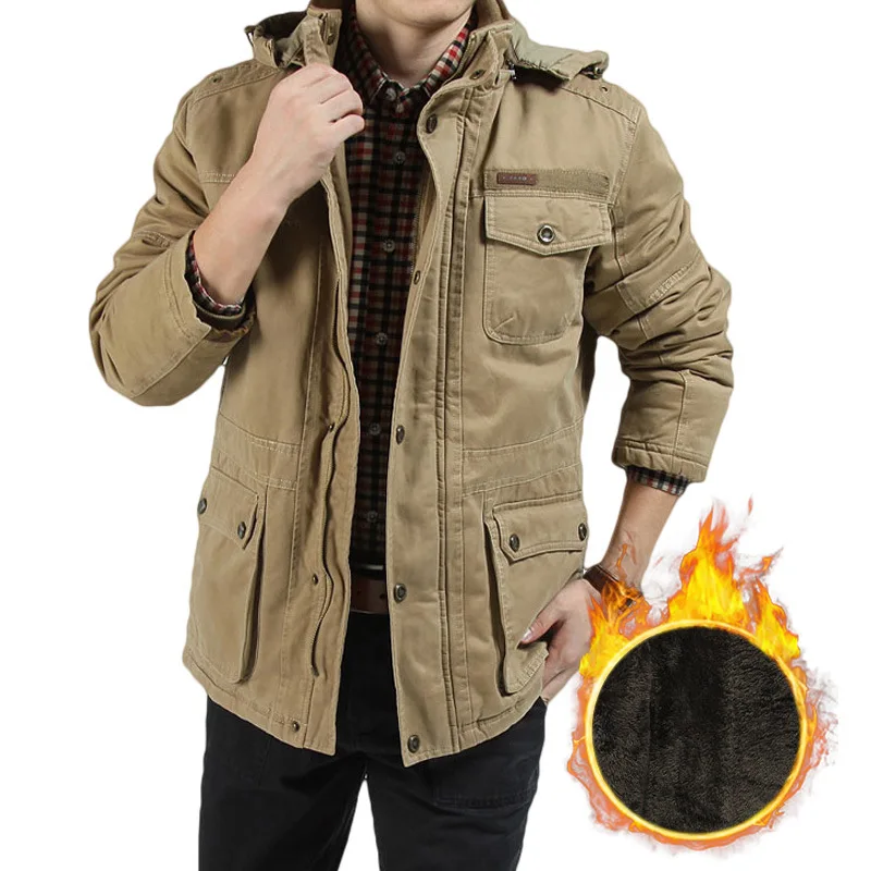 Plush Jacket for Men Medium Long Winter Coat Military Large Size Cotton Padded Jacket Male Casual Hooded Parkas Ropa Hombre