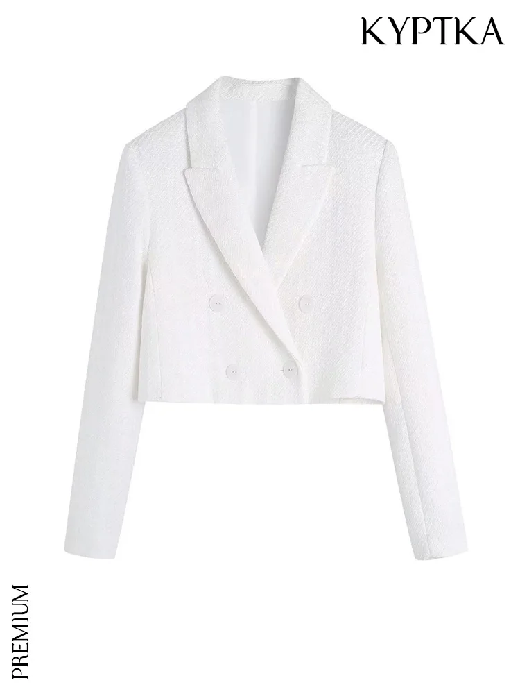 

KYPTKA Women Fashion Tweed Cropped Blazer Coat Vintage Long Sleeve Front Buttoned Female Outerwear Chic Veste Femme