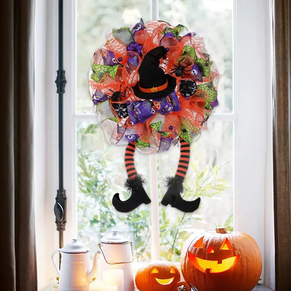 

Bedroom Halloween Wreath Terrifying Halloween Witch Hat Leg Door Wreath Pumpkin Print Ribbon Mesh Decor Spider Happy Party for A