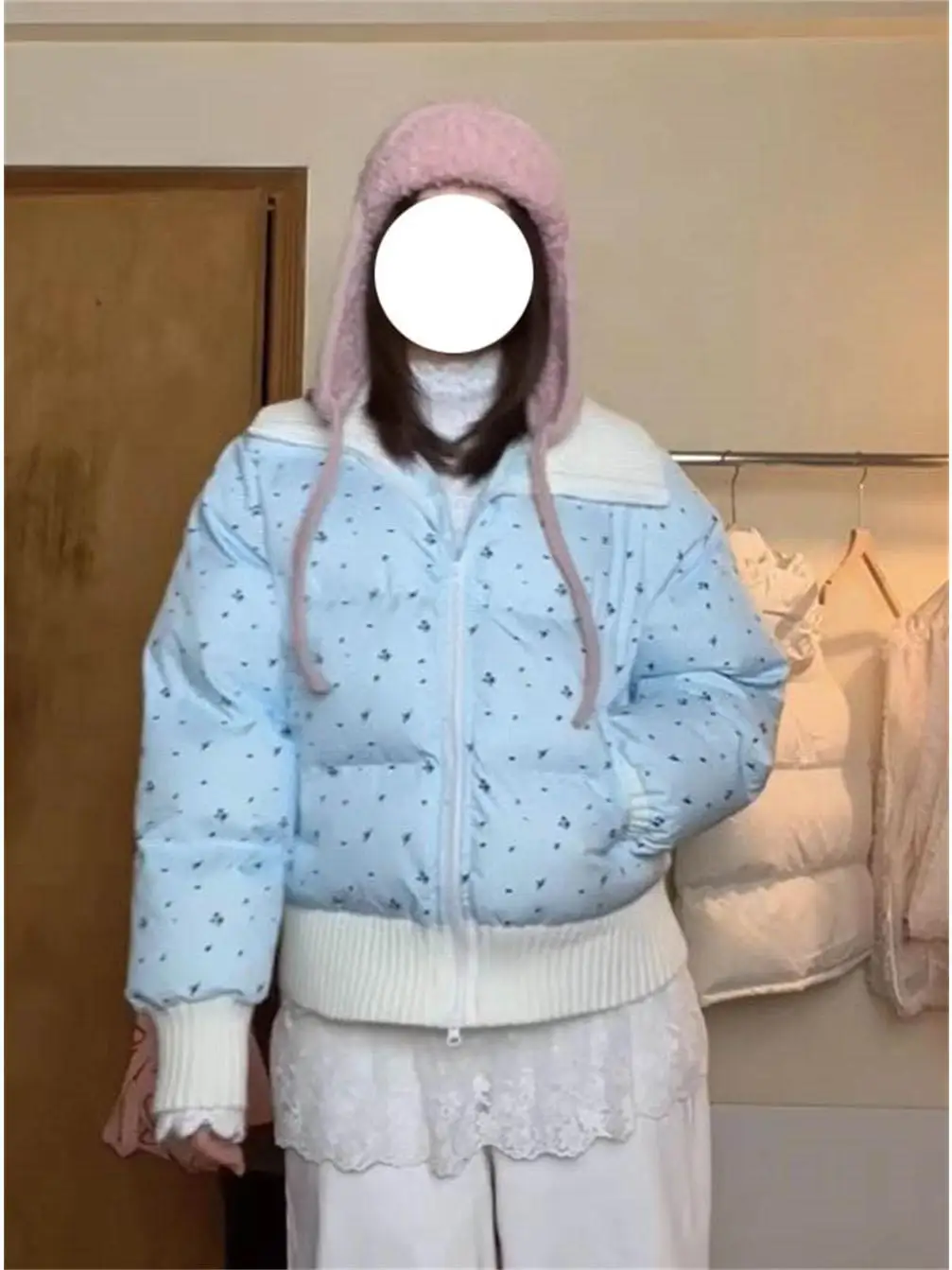 Sweet Preppy Small Floral Cotton-Padded Jacket for Women Winter Gentle Sle Milk Blue Patchwork Large Lapel Thickened Cotton... |