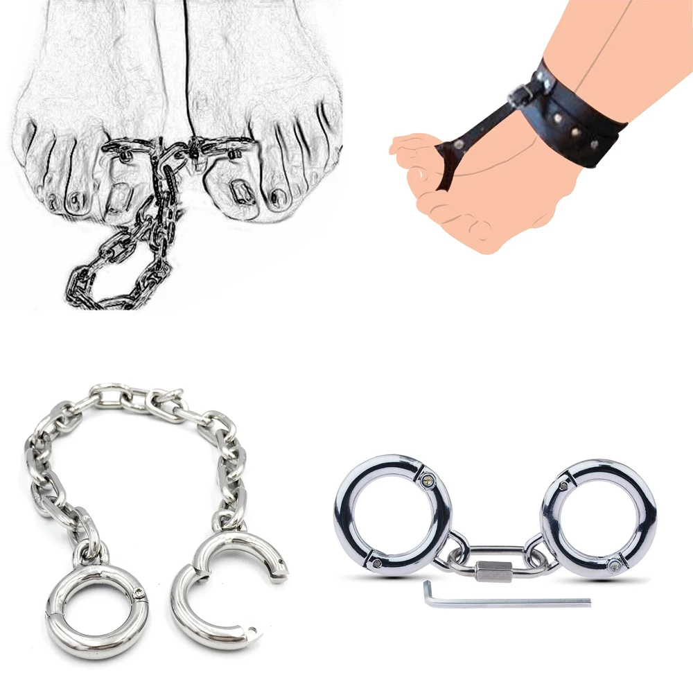 

Stainless Steel&PU Leather Thumb Toes Cuffs with Detachable Chain Lockable BDSM Manacles Slave Restraints Adult Game Sex Toys