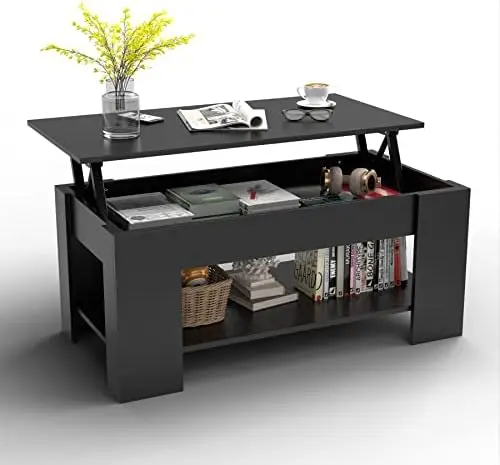 

Top Coffee Table with Hidden Compartment and Storage Shelves, Rising Tabletop Dining Table Modern Furniture for Home, Living Roo