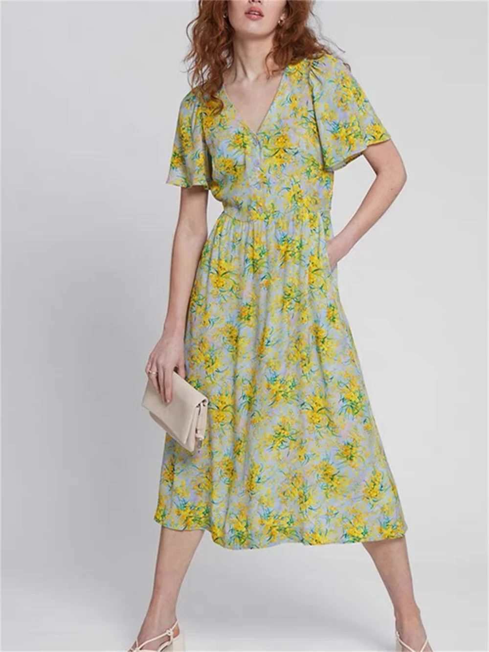 Women Fresh Floral Printed Short Sleeve 100% Viscose Dress Female V-Neck Single Breasted Mid-Length Robe 2023 Summer New