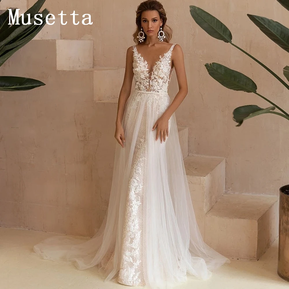 

Boho Mermaid Tulle Wedding Dress Detachable Train Deep V-Neck Lace Applique Backless Beach Bridal Gown 2022 Custom Made
