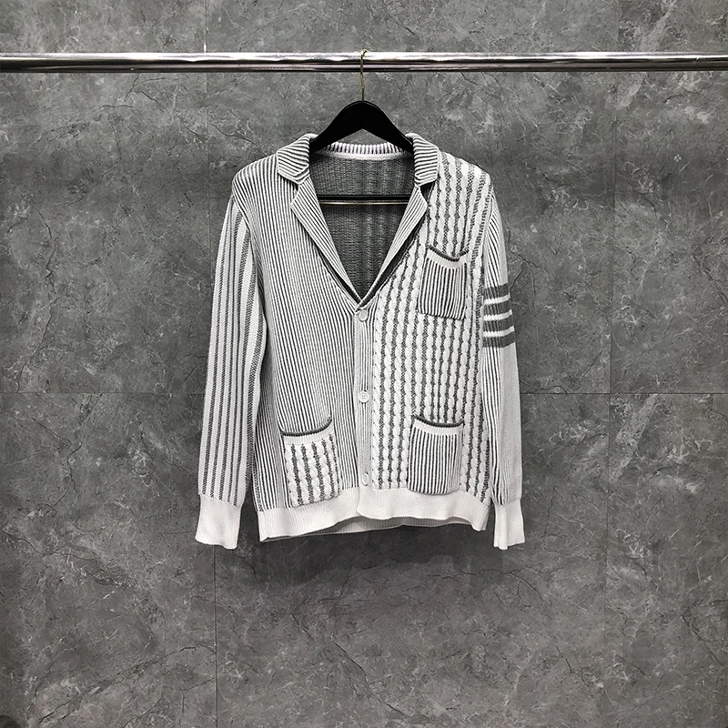 TB THOM Winter Sweater  Fashion Brand Men's Clothing Light Gray Fine Wool Cotton 4-Bar Stripe Designer Patchwork Cardigan Coats