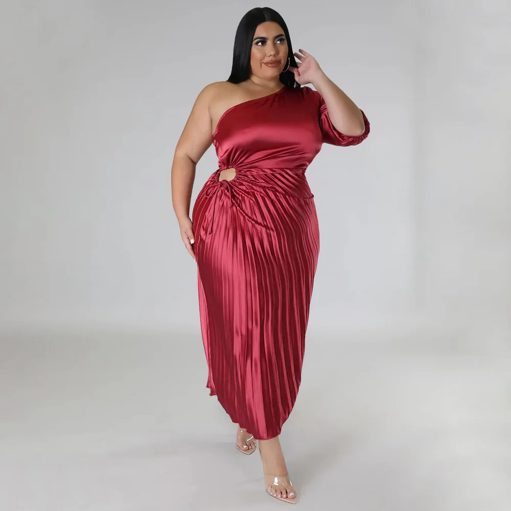 Plus Size Women Clothing Elegant Chic Women Dresses Party Dresses Solid Slim Fit Mid-Calf Office Lady Evening Dresses Pleated