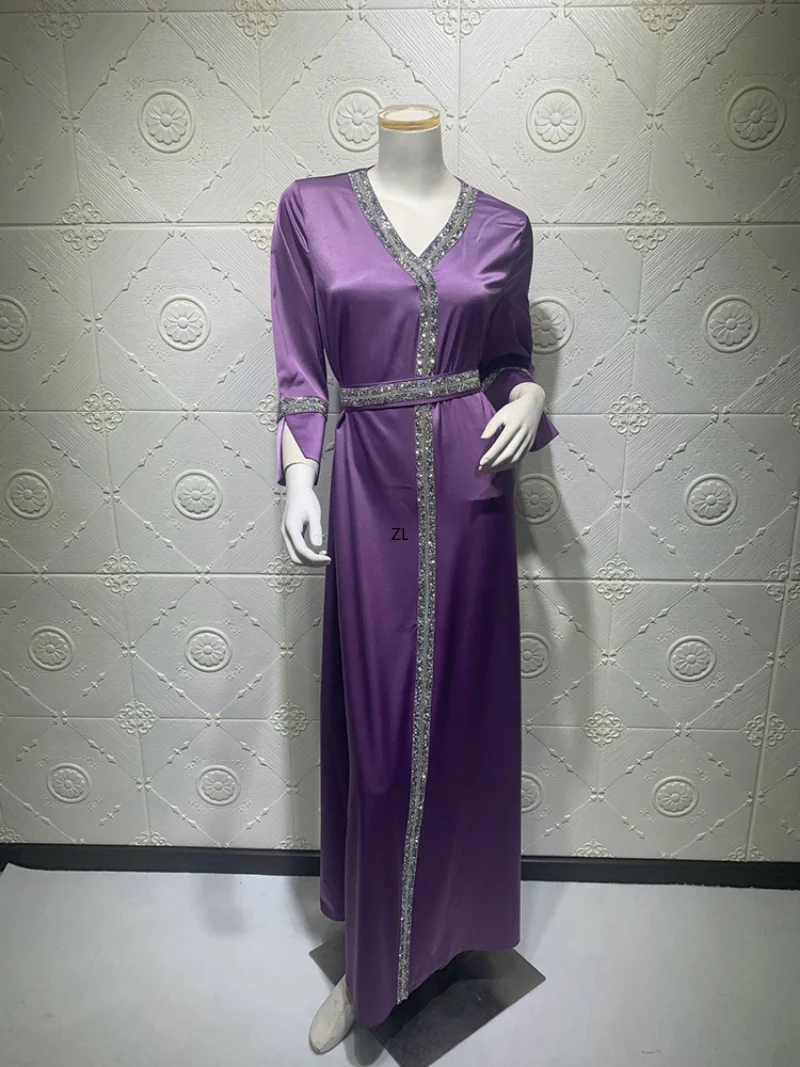 Satin Dubai Abaya Jalabiya Luxury Diamond V Neck Long Sleeve Tie Waist Muslim Women Islamic Clothes  Arabic Turkey Dubai Kaftan
