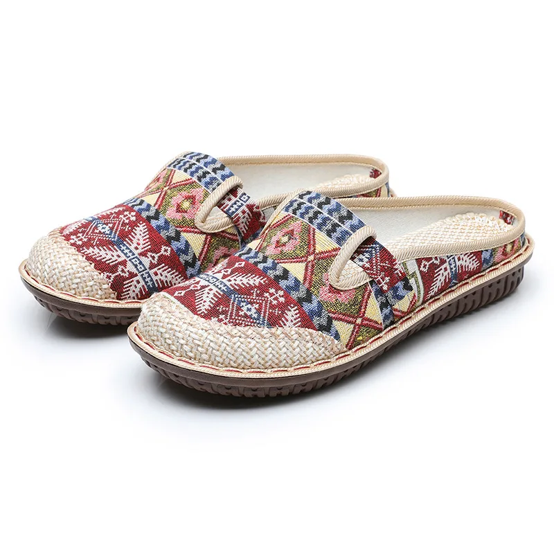

2022 European and American women's summer ethnic style Baotou breathable linen half slippers 3031