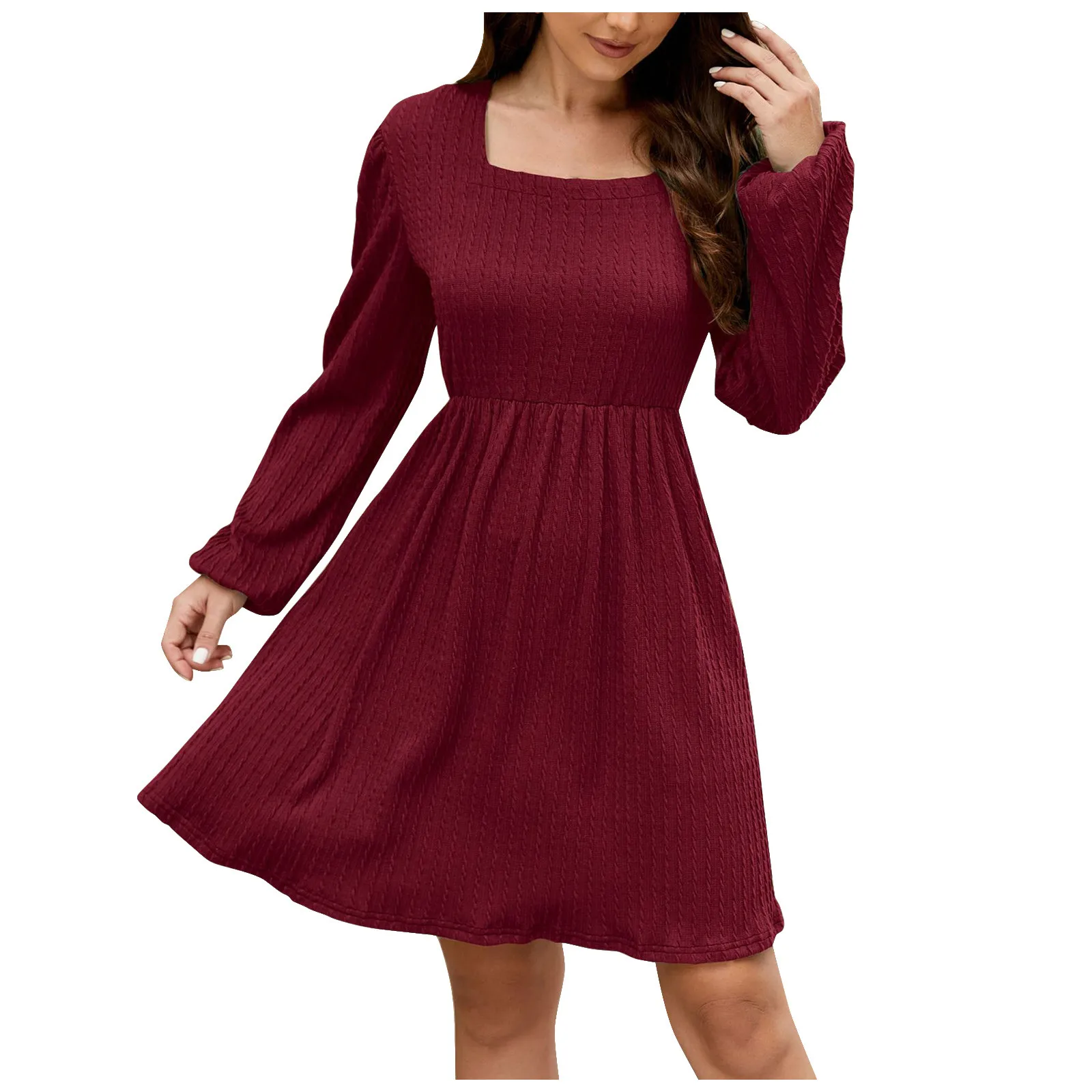 

Women's A-Line Dress With Elastic Sleeves Solid Color Square Neck Frocks Patchwork Long Sleeved Loose Fitting Dress Vestidos