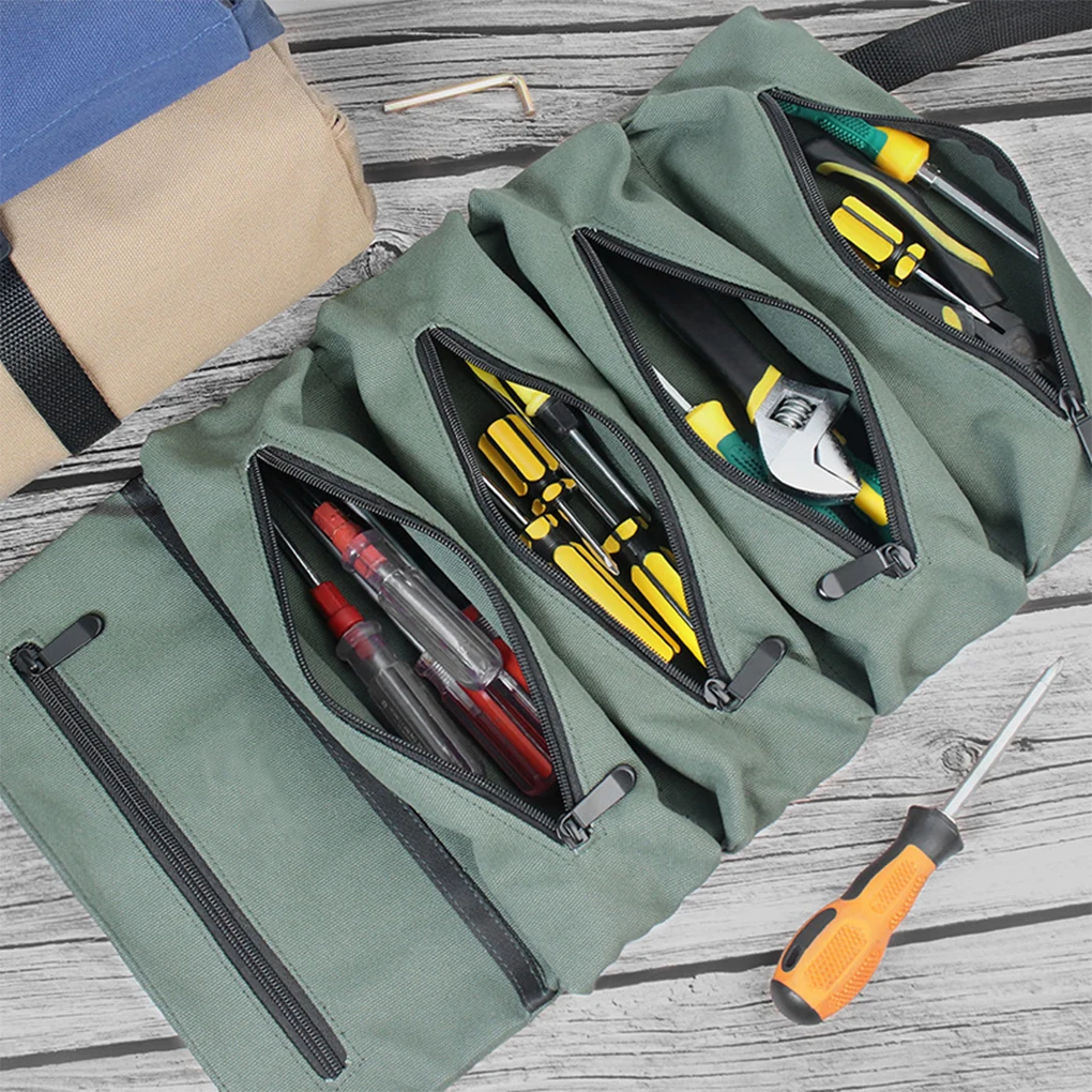 

Portable Multiple Pockets Roll up Canvas Storage Bag Wrench Screwdriver Pliers Scissors Carrying Pouch Handtool Green