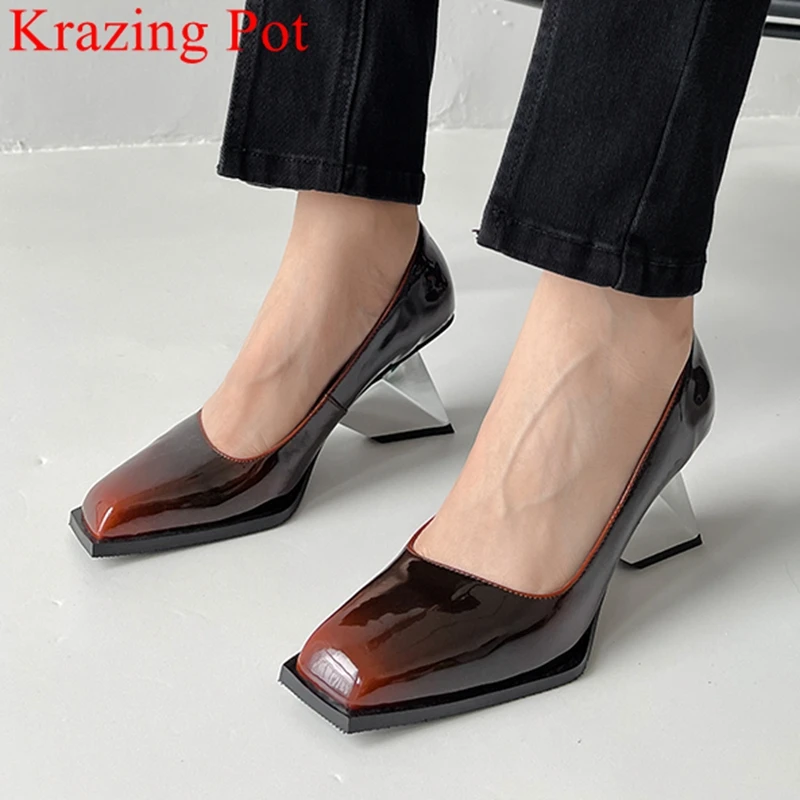 

Krazing Pot cow leather square toe high heels mature shallow summer spring shoes concise office lady fashion slip on women pumps