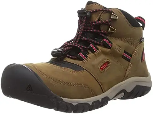 

KEEN unisex Ridge Flex Mid Height Waterproof Leather Hiking Boot, Bison/Red Carpet, 6 Big US