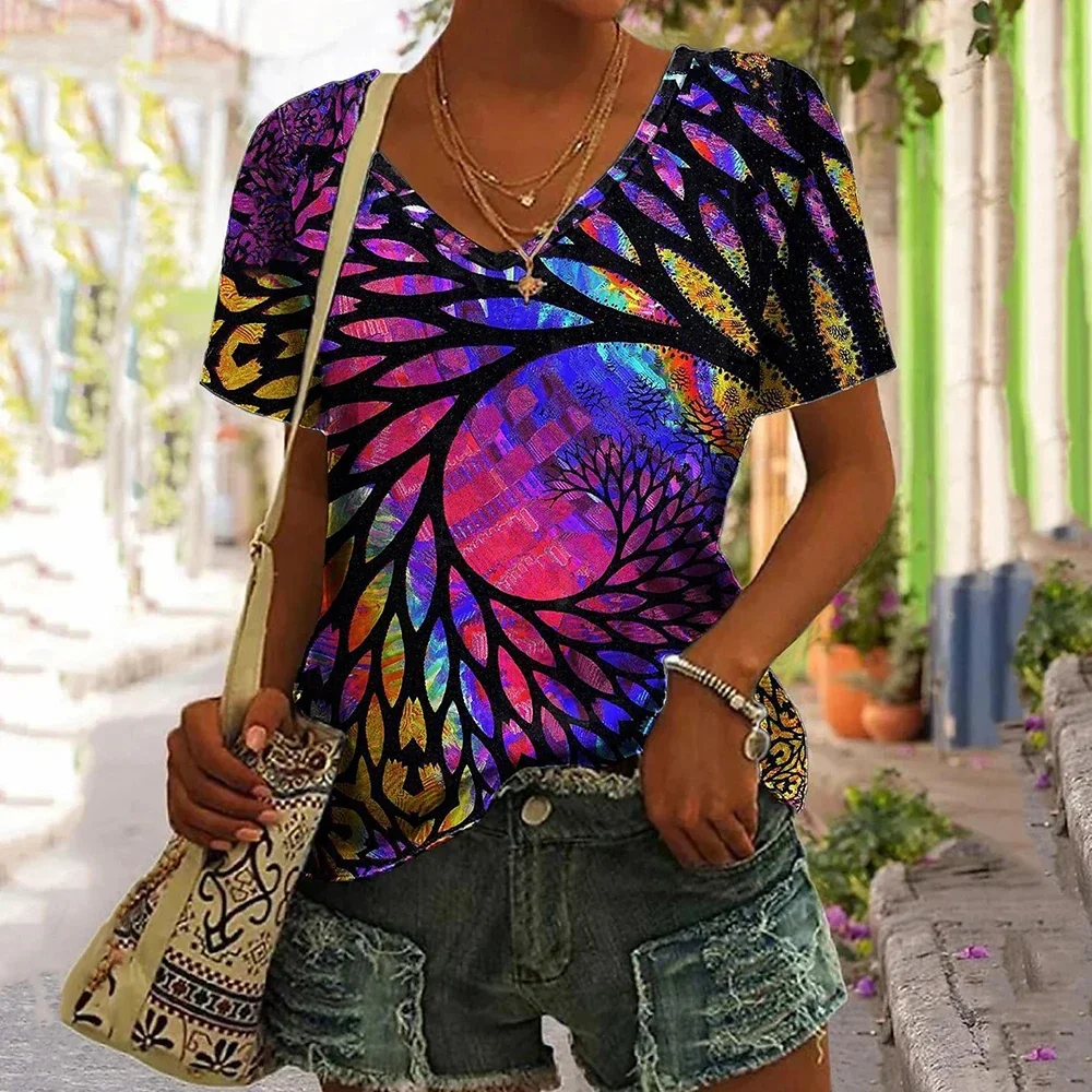 

Summer New Women T Shirt 3d Flower Print V-neck Short Sleeve Blouse Fashion Plus Size T-shirts For Women Clothing Y2k Female Tee