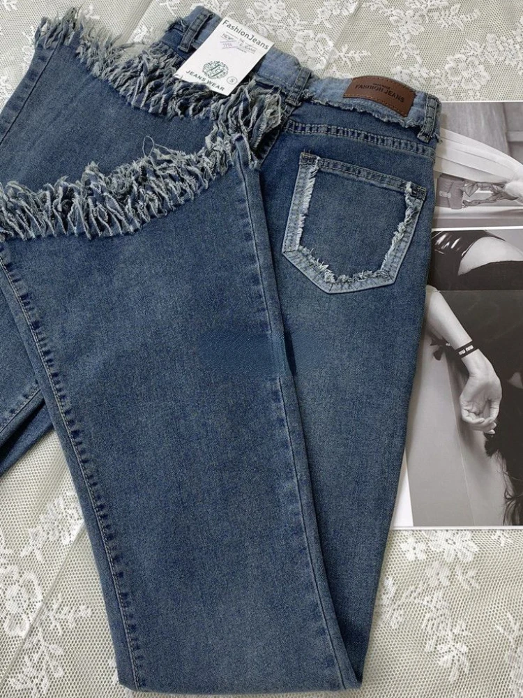 Расклешенные рваные джинсы женские Hotsweet с кисточками винтажный корейский стиль