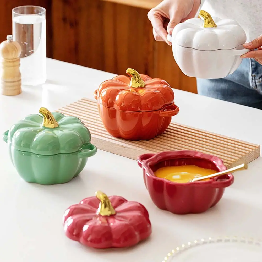 

Pumpkin Shape Bowl With Lid Ceramic Soup Salad Cereal Bowls Kitchen Stewing Cup Food Container Oven Bakeware Accessories