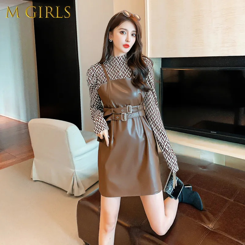 Autumn Chic Clothing Two Piece Set Women's Outfits Fashion Long Sleeve Pullovers T-Shirt + Waist PU Leather Strap Dress Suits