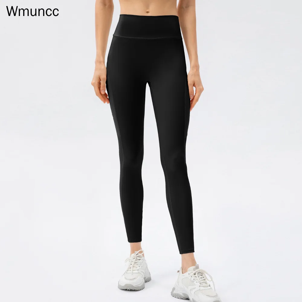 Wmuncc Naked Yoga Pants with Pocket Women's No Embarrassment Line Running Tight High Waist Hips Fitness Training Nylon + Spandx