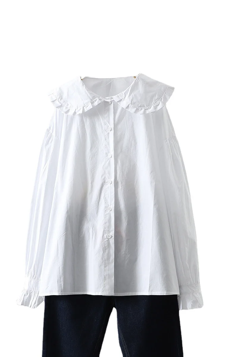 Женская хлопковая рубашка с воротником Питер Пэн длинным рукавом