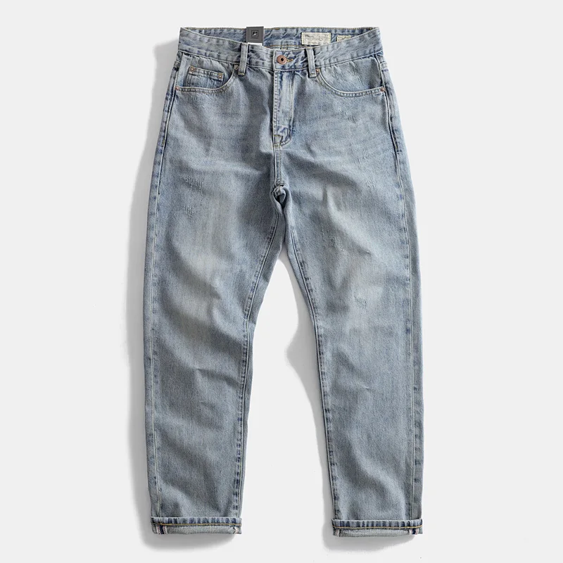 Heavy cotton straight leg jeans retro do old ground white American men's youth casual pants