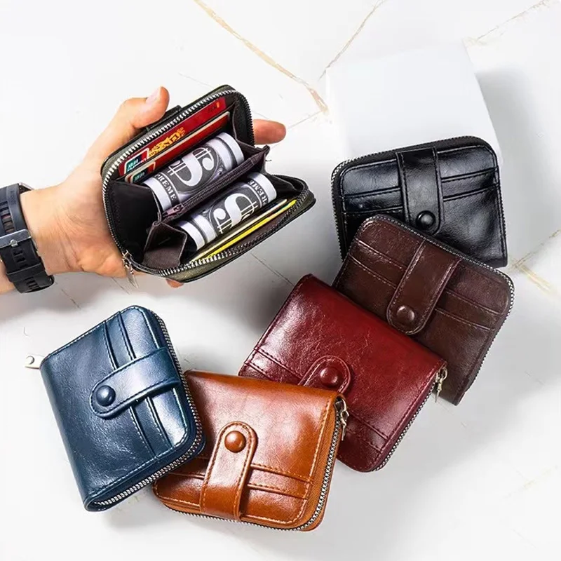 Men's Short Wallet Retro Women PU Texture Zipper Horizontal Coin Purse Multi-card Large Capacity Anti-theft Card Holder