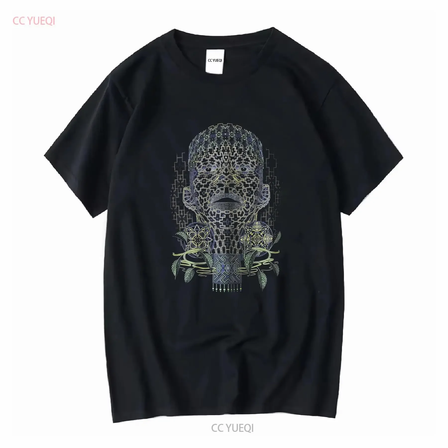 Фото Футболка Shaman Psy UV Active Glowing Ayahuasca Design Trance Goa Festival Wear Черный Хлопок Фрактальное Искусство Племенные Мужчины винтаж №1