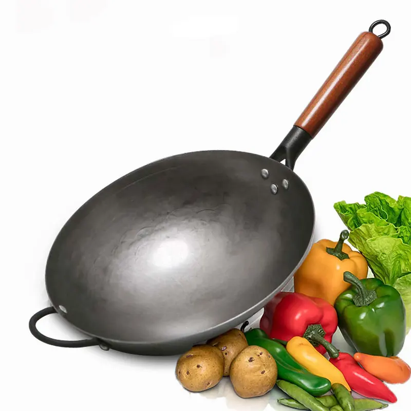 

Wok Burner Traditional Authentic Hand Hammered Carbon Steel Round Bottom Stir Fry Pans Birch Handle Wok Pan