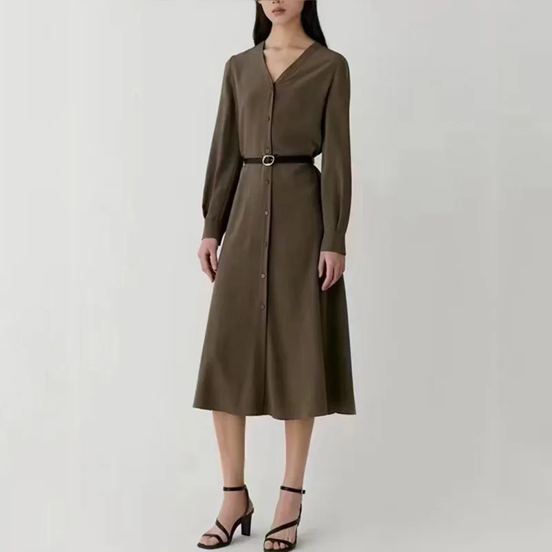 Женские повседневные платья весна-осень 2024 шелковые строгие с V-образным вырезом