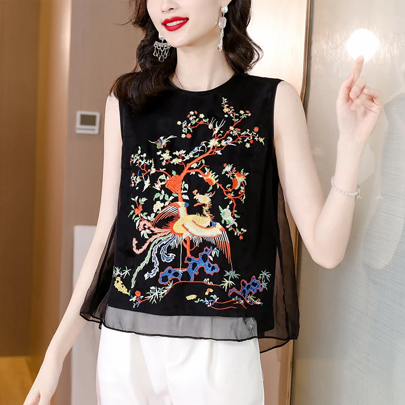 

2023 traditional chinese vest embroidery top sleeveless women casual daily ol vest oriental round neck chinese tang suit veat pd