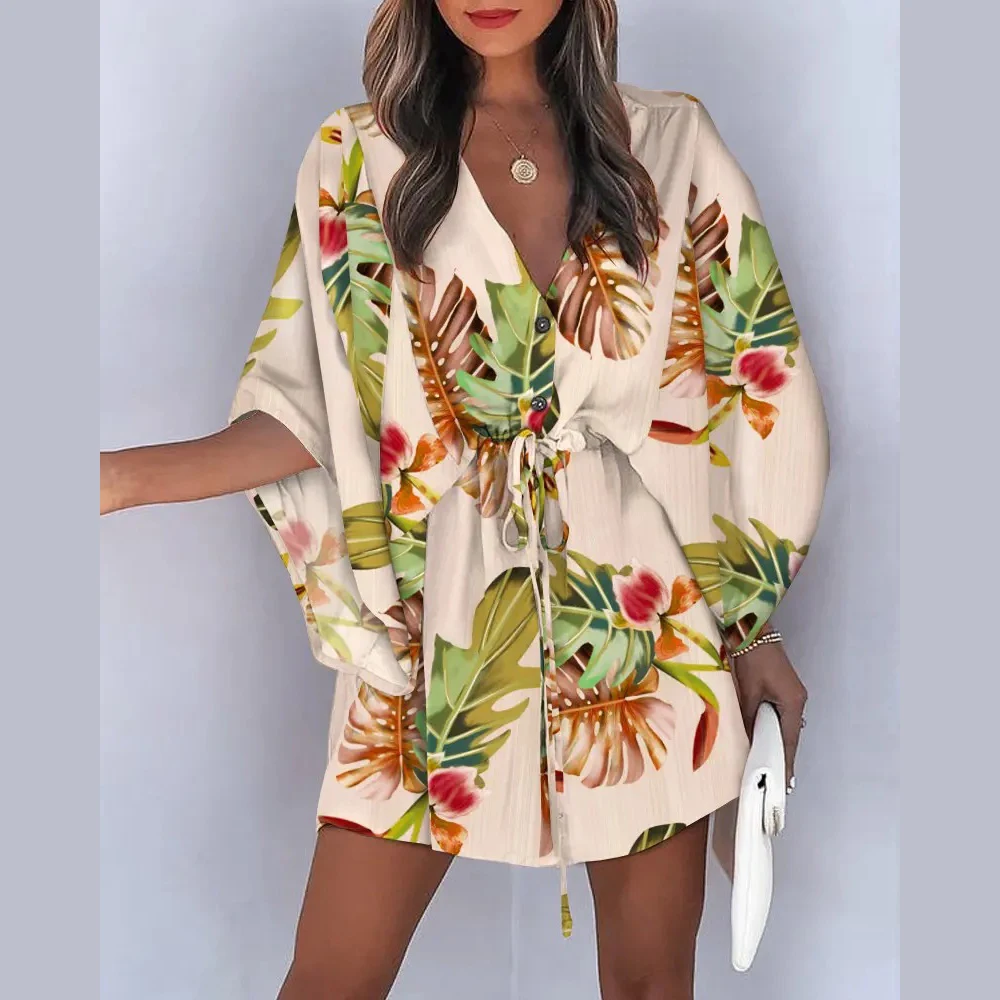 

Summer Boho Mini Dress Women Flora Print Batwing Sleeve Lace-Up V Neck Loose Button Dresses Ladies Beach Party Dress Vestido