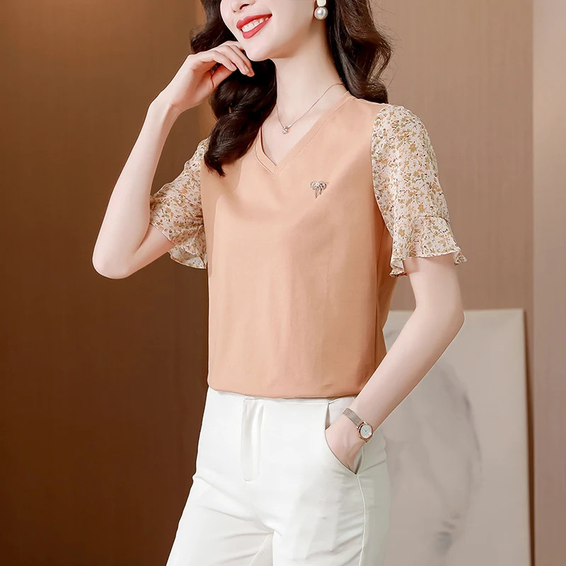 

Хлопковая женская футболка большого размера, Летний шифоновый топ с принтом и коротким рукавом, новинка 2022, футболки, женская модная повсед...