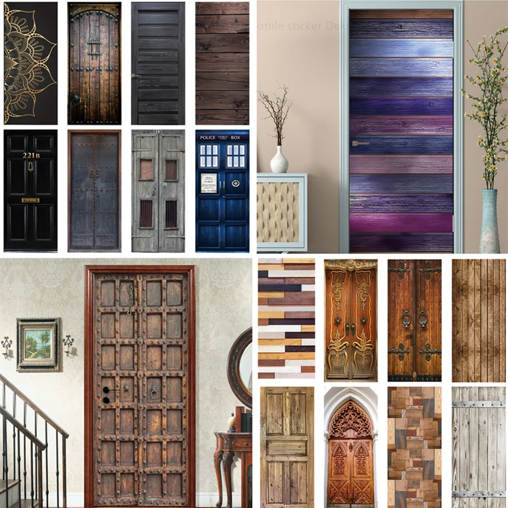 

Самоклеящиеся 3D дверные наклейки, водонепроницаемые обои для спальни, гостиной, в стиле ретро, деревянные двери, Декор для дома, художествен...