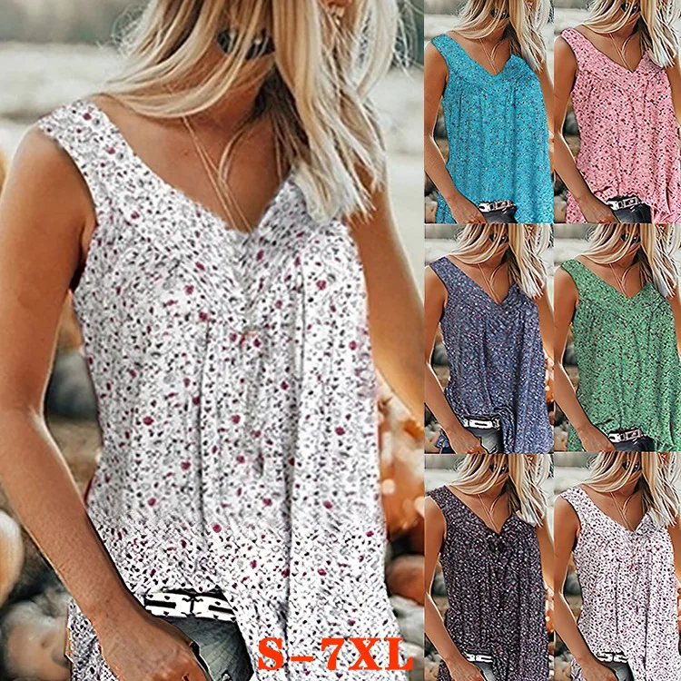 Summer Tank Top Women Floral Print Sleeeless Loose Casual V-Neck Vest 2022 New Fashion Ladies Vintage T-Shirt Tops