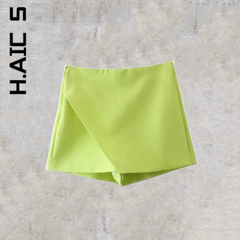 

H.Aic S New Women Fashion Candy Color Asymmetrical Shorts Skirts Zipper Y2k Fly Pockets Hot Chic Lady Shorts Pantalone Cortos